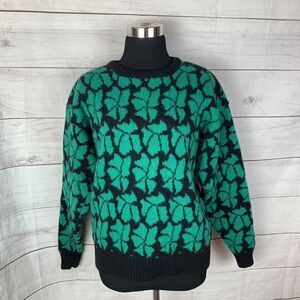 wool Shetland green sweater jumper pullover medium green floral black Small 6 8